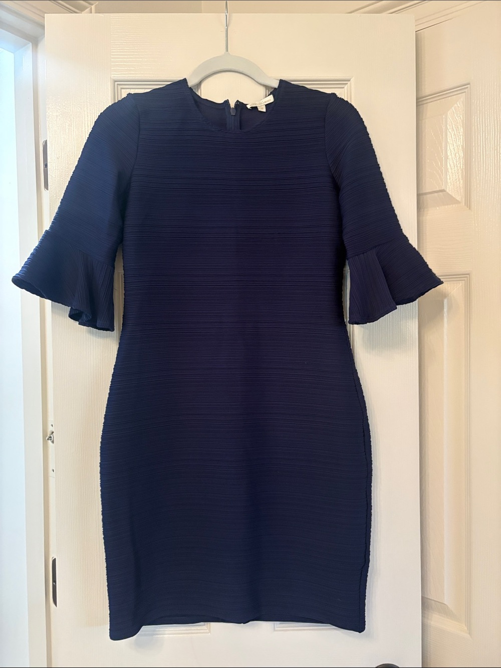 Shoshanna Navy Textured Bell-Sleeve Midi Dress